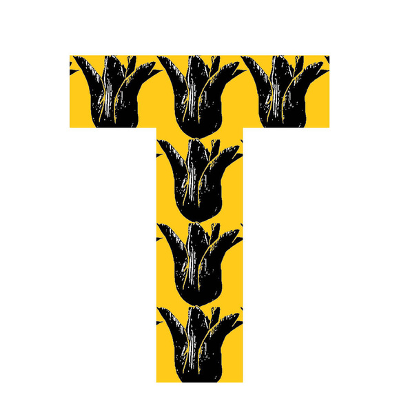 Letter T of the alphabet made with a pattern of black tulip on a yellow background, isolated on a white background - Fotó, kép