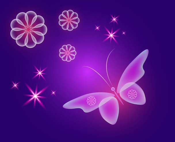 Zářící obraz s kouzelnými motýly. Průhledné reflexní pozadí pro grafický design. Neonově fialové obrázky. - Fotografie, Obrázek