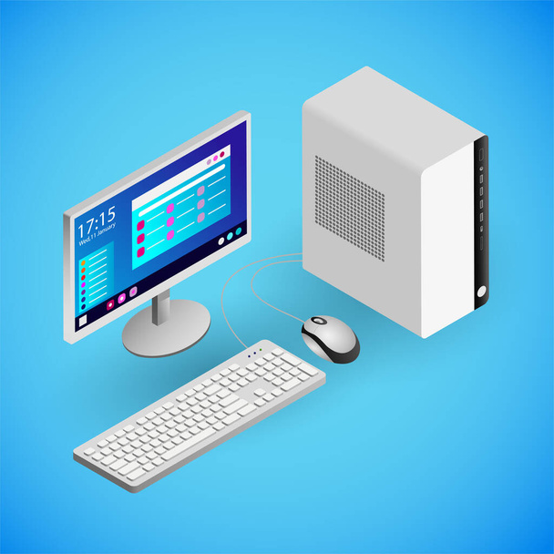 PC desktop realistico in isometria. Illustrazione isometrica vettoriale del dispositivo elettronico, computer desktop - Vettoriali, immagini
