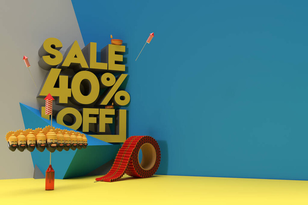 3D Render Diwali 40% Sale OFF Discount Display Products Advertising. Flyer Poster Illustration Design. - Photo, Image