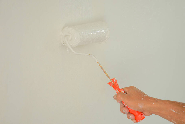 mão segurar alça rolando pincel aplicando tinta de cor na parede de argamassa, construção e conceito de renovação de casa, foco seletivo                                        - Foto, Imagem