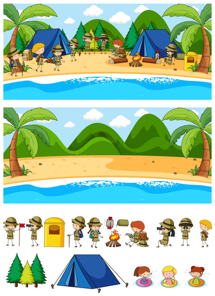 Conjunto de diferentes cenas horizontais de praia com doodle crianças desenho animado personagem ilustração - Vetor, Imagem
