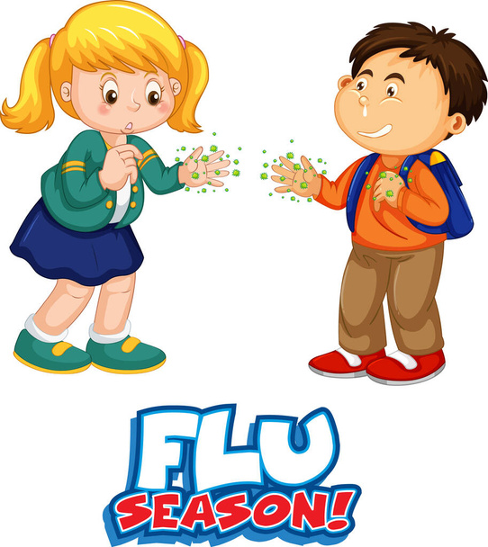 Two kids cartoon character do not keep social distance with Flu season font isolated on white background illustration - Vector, Image