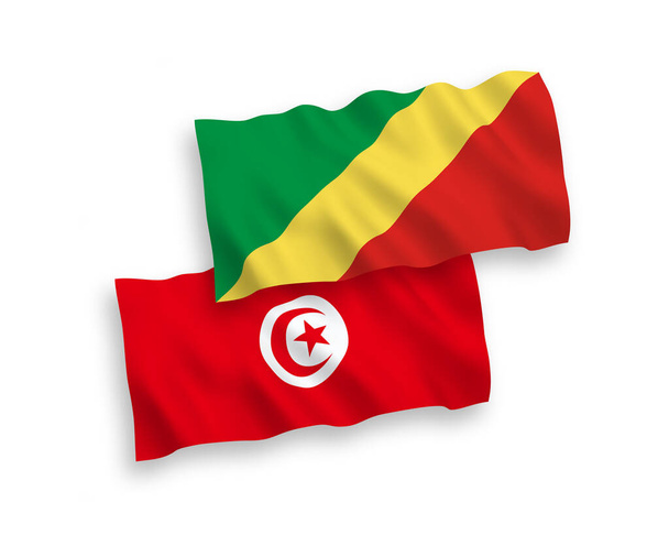 Narodowe flagi tkanin wektorowych Republiki Konga i Republiki Tunezyjskiej odizolowane na białym tle. Proporcja 1 do 2. - Wektor, obraz