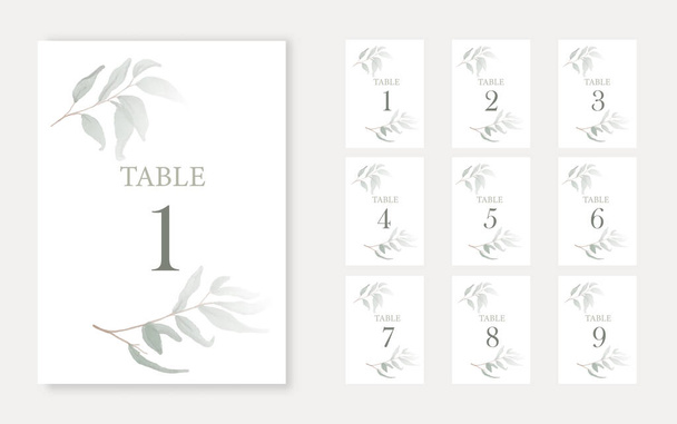 Plantilla de número de mesa de boda con hojas verdes acuarela - Vector, Imagen