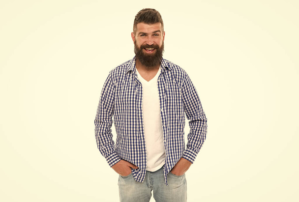 happy bearded man in casual checkered shirt isolated on white, positive emotions - Fotó, kép