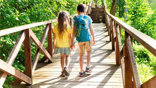 A gyerekek a családi kemping felé tartanak az erdőben, a felszerelt fa fedélzet mentén. Sétáljon végig a turista útvonalon hátizsákkal a hátán. Kempingút. Családi nyaralás fogalma. - Fotó, kép