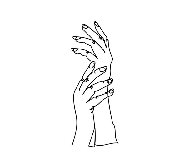 Gesto di mani femminili una linea art. Disegno di linea continuo di gesto gentile, mano,, manicure di mostra. - Vettoriali, immagini