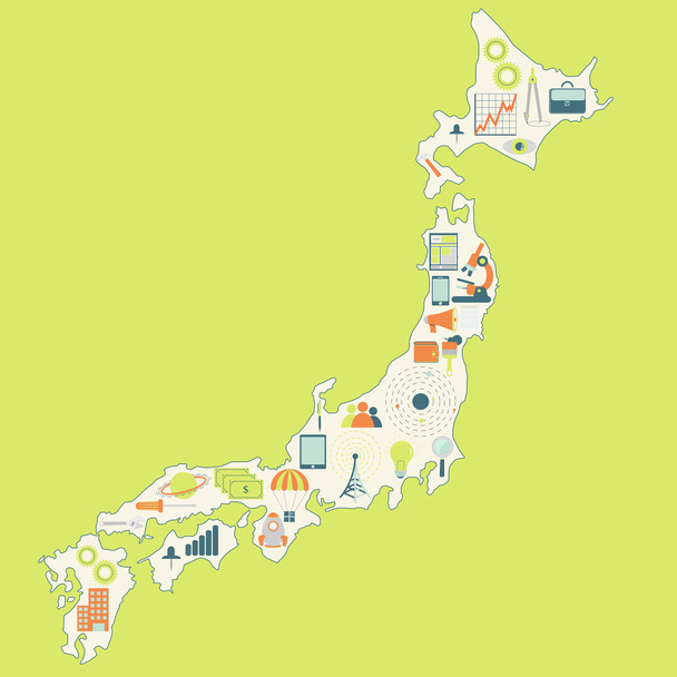Map of Japan with technology icons - Vector, Image