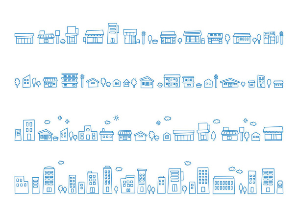 Στο Cityscape, στην μπλε πόλη. Χαριτωμένο σχέδιο γραμμή συλλογή εικονογράφηση - Διάνυσμα, εικόνα