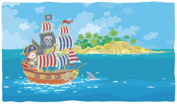 Little boy pirate steering a toy sea sailing ship with guns and a black flag of Jolly Roger with bones on a main mast, vector cartoon illustration - Vettoriali, immagini