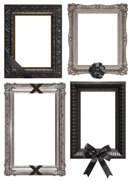 Conjunto de molduras prateadas e pretas com fita preta de luto e arcos para pinturas, espelhos ou fotos isoladas sobre fundo branco - Foto, Imagem