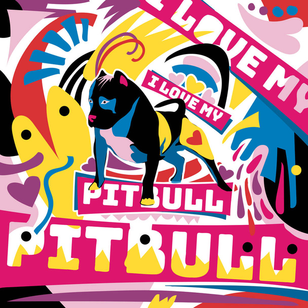 私はカラフルなパンクスタイルで私のピッツブル犬イラストアートが大好き - ベクター画像