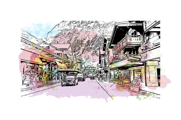 Drukuj Widok budynku ze znakiem rozpoznawczym Grindelwald jest wieś w Szwajcarii. Akwarela plusk z ręcznie rysowane szkic ilustracja w wektor. - Wektor, obraz