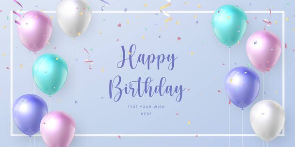 Elegante realista pastel color ballon y cinta Feliz cumpleaños celebración tarjeta banner plantilla fondo - Vector, Imagen