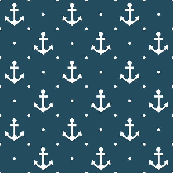Seamless elegant nautical pattern with anchor and dots decoration in rhombus shapes in white color on navy blue background - Фото, зображення