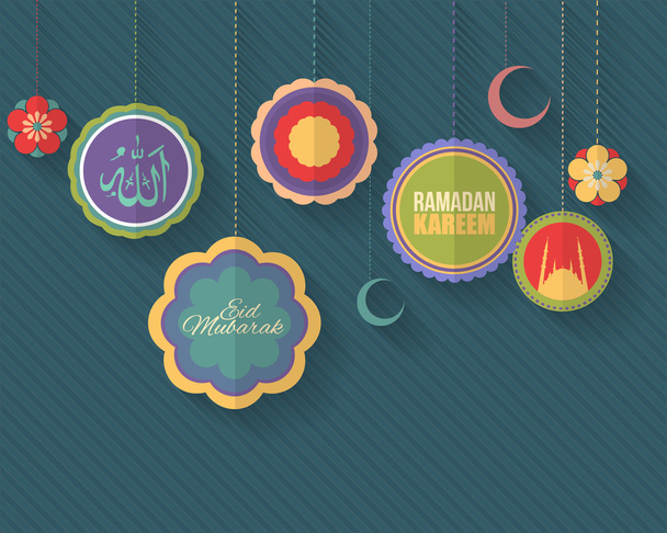 Ramadan Kareem - Islamic Holy Nights Theme Vector Design - Arabic "Eid Mubarak", "be Blessed" at English - Διάνυσμα, εικόνα