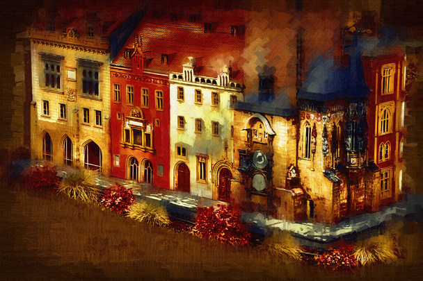 Староместская площадь в Праге, Чехия, художественная иллюстрация ретро старинных скитов - Фото, изображение