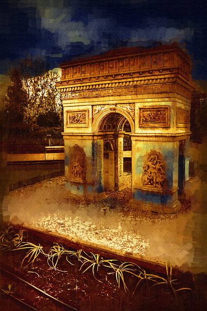 Arc de Triomphe du Carrousel on Pariisin riemuvoiton kaari, joka sijaitsee Place du Carrousel aukiolla. Pariisin kaupunkimaisema. Pariisin arkkitehtuuri ja maamerkit, taide, kuvitus, retro, vuosikerta, antiikki, luonnos. - Valokuva, kuva