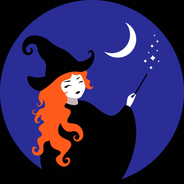 cute halloween little witch in hat conjures with a magic wand - Vector, Image