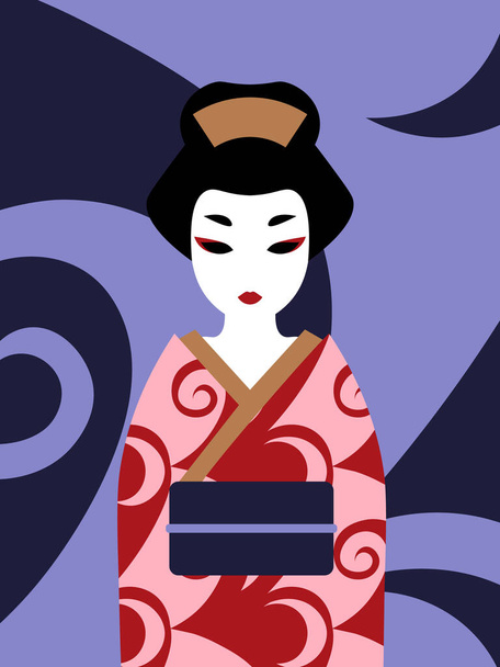 niedliche japanische Geisha-Puppe in rosa Kimono auf lila Hintergrund - Vektor, Bild