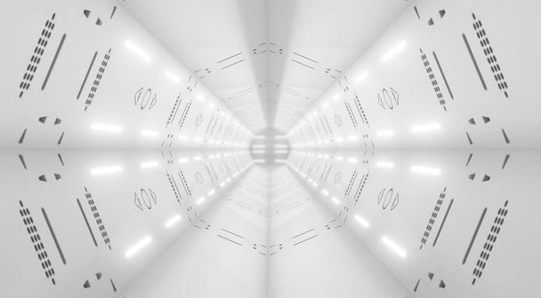 Abstracto túnel blanco vacío con fondo de luz brillante. Corredor futurista de naves espaciales. Diseño de concepto de ciencia de ciencia de ciencia de interiores. Renderizado 3D. - Foto, Imagen