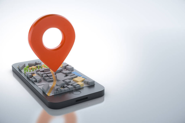 Smartphone met navigator kaart en wijzer. Navigatie, locatieroute, reis- en toeristische planning. 3D illustratie. - Foto, afbeelding