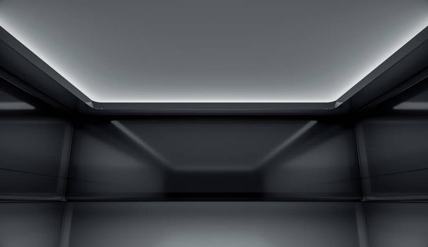 Eigentijdse futuristische concept achtergrond met zwart scherm. Lege toekomst schoon donkere doos interieur kamer met licht. 3D-weergave. - Foto, afbeelding