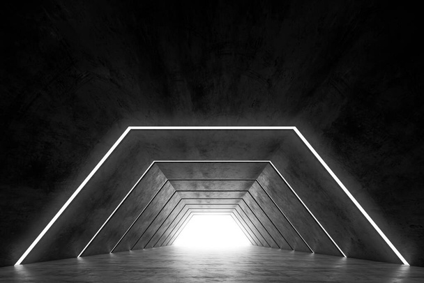 Abstraktní futuristický design interiéru temné chodby. Budoucí koncept tunelu se světelným pozadím. 3D vykreslování. - Fotografie, Obrázek