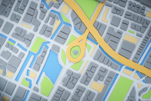 Carte 3D de la ville avec localisateur de broches de navigation. Navigation, itinéraire, concept de voyage et de planification touristique. Illustration 3D. - Photo, image