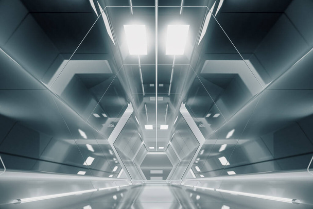 概要六角形の宇宙船回廊。光で未来的なトンネル。将来のインテリアの背景、ビジネス、 SF科学の概念。3Dレンダリング - 写真・画像