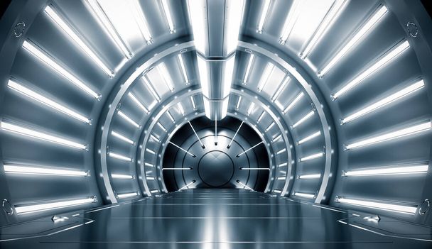 Futuristický tunel z kovu a oceli se světlem. Dlouhý vnitřní výhled na chodbu. Budoucí sci-fi koncept pozadí. 3D vykreslování. - Fotografie, Obrázek