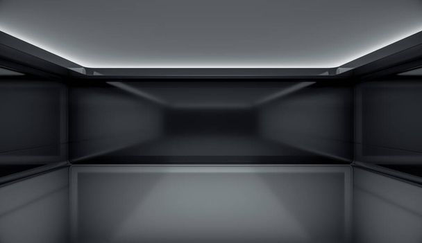 Современная футуристическая концепция фона с черным экраном. Пустой будущий чистый темный ящик внутренняя комната со светом. 3D рендеринг. - Фото, изображение