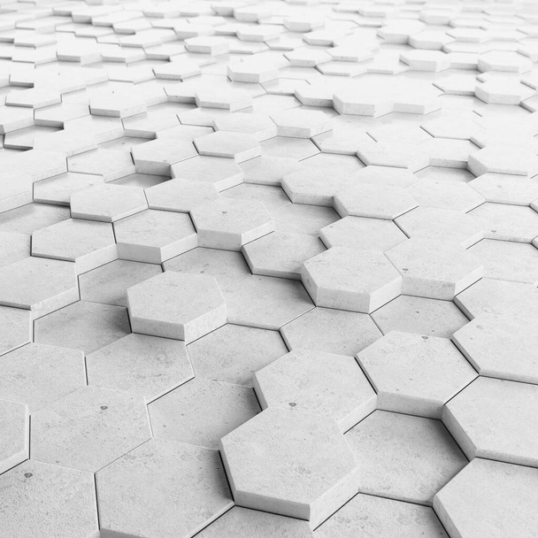 Absztrakt hatszögletű háttér. Grunge Polygonal Hex geometria fehér felület. Futurisztikus technológia textúra koncepció. 3d Kiolvasztás. - Fotó, kép