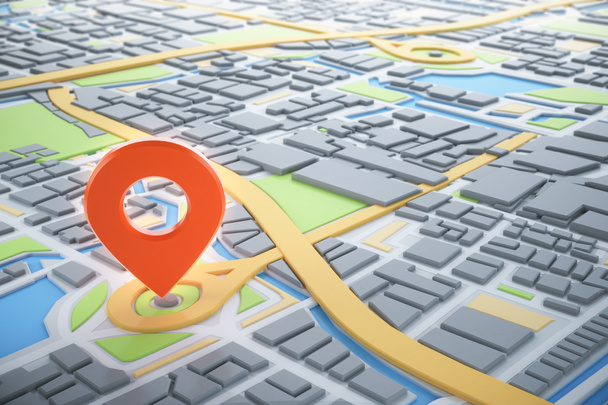 Mapa 3D de la ciudad con localizador de pines de navegador. Navegación, ruta de ubicación, viajes y concepto de planificación turística. Ilustración 3D. - Foto, Imagen