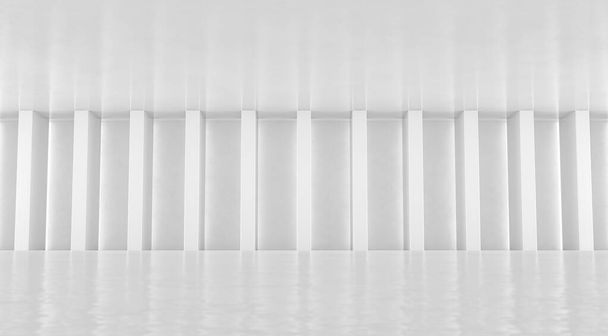 Αφηρημένο λευκό πάτωμα και τοίχο φόντο με στήλες. Μοντέρνος σχεδιασμός εκθεσιακού χώρου. Φουτουριστικό εσωτερικό άποψη. 3d απόδοση. - Φωτογραφία, εικόνα
