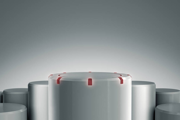 Elegantní stojan s čistým výrobkem se světlem a září. Kulatá plošina pro design. Podstavec na ukázku. Futuristický koncept pozadí. 3D vykreslování - Fotografie, Obrázek