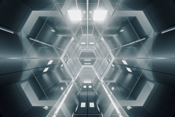 Абстрактний шестикутний коридор космічного корабля. Футуристичний тунель зі світлом. Майбутнє внутрішнє тло, бізнес, наукова концепція. 3D візуалізація
 - Фото, зображення
