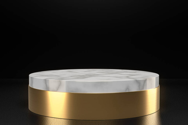 Minimal white marble cylinder circle pedestal podium. Round gold display stage platform on black background. Luxury simple clean design. 3d rendering. - Photo, Image