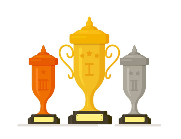 Illustration vectorielle de l'insigne du trophée du gagnant. Le vecteur de la coupe d'or est un symbole de victoire dans un événement sportif. Trois tasses pour la première, la deuxième et la troisième place - Vecteur, image