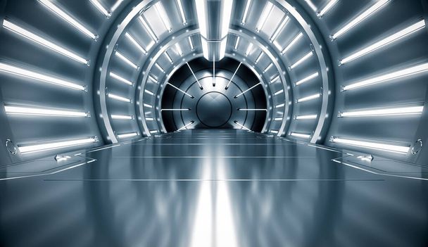 Futuristische tunnel van metaal en staal met licht. Lange gang interieurzicht. Toekomstig sci-fi achtergrondconcept. 3D-weergave. - Foto, afbeelding