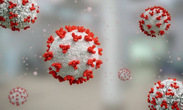 ウイルス細胞インフルエンザの背景には、疾患細胞を用いたパンデミックリスク概念としての危険なインフルエンザ菌株の例がある。3Dレンダリング. - 写真・画像