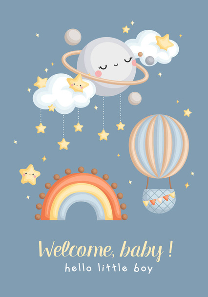 A Simple Vector of Baby Boy Rainbow Sky Welcoming Card  - Vetor, Imagem