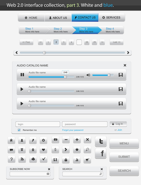 Web 2.0 interface part 3. White and blue - Vector, Image