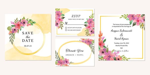 水彩花と結婚式招待テンプレートのセット - ベクター画像
