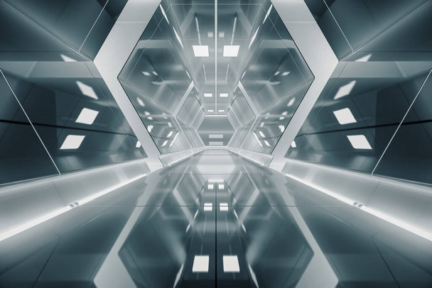 Soyut Altıgen Uzay Gemisi Koridoru. Işıklı geleceksel tünel. Geleceğin iç mimarisi, iş dünyası, bilim kurgu konsepti. 3d oluşturma - Fotoğraf, Görsel
