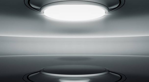 Abstract modern interior showroom. Podium for product display. Curved stage design futuristic background. 3d render. - 写真・画像