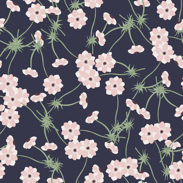 Decorative seamless pattern with random pink anemone flowers ornament. Navy blue background. Stock illustration. Vector design for textile, fabric, giftwrap, wallpapers. - Vector, Image