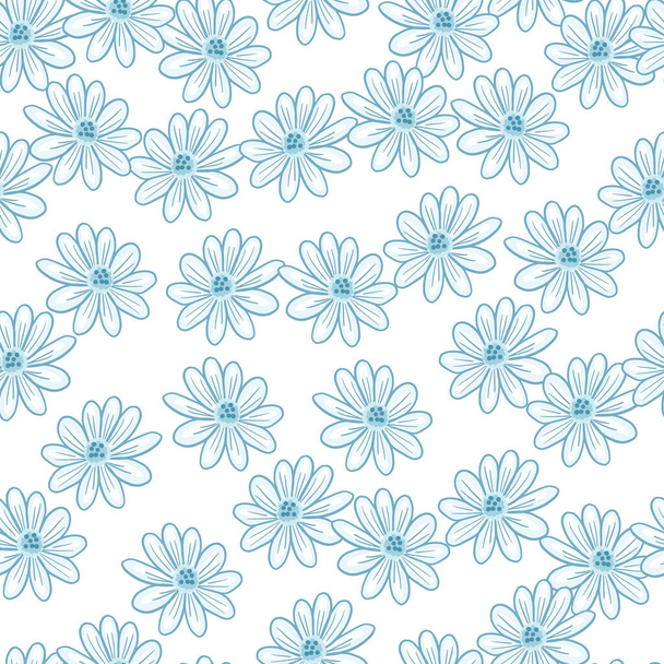Patrón inconsútil aislado con siluetas de flores de margarita contorneadas azules aleatorias. Fondo blanco. Ilustración de stock. Diseño vectorial para textiles, tela, envoltura de regalo, fondos de pantalla. - Vector, imagen