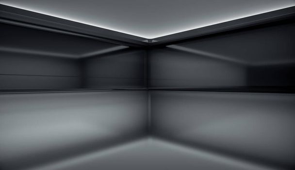 Současný futuristický koncept pozadí s černou obrazovkou. Prázdná budoucí úklidová místnost s temnou skříňkou a světlem. 3D vykreslování. - Fotografie, Obrázek